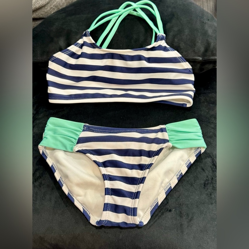 Cat & Jack Navy and White Striped Bikini with Green Accents Girls 6/6X